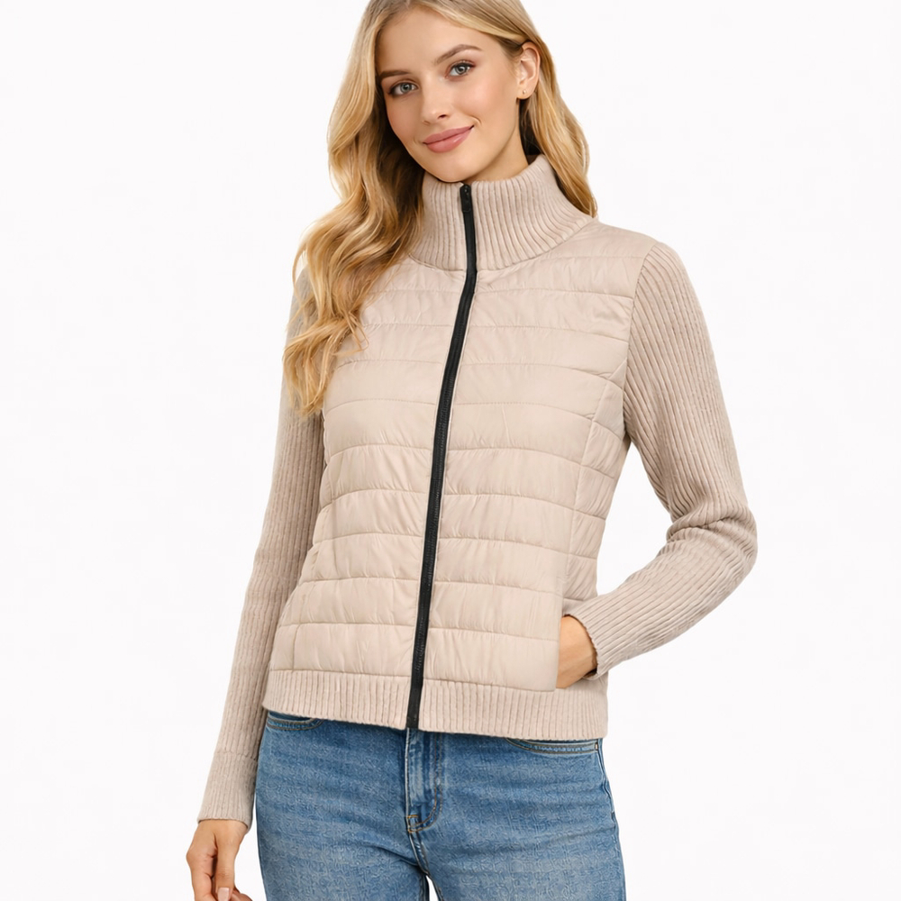 Oliver.o NWT Taupe Beige Puffer Ribbed Knit Sleeve Zip Jacket S